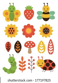 cute floral elements and insects set. vector illustration