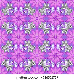 Cute floral elements. Seamless. Flowers on violet, pink and white colors. Vector illustration.