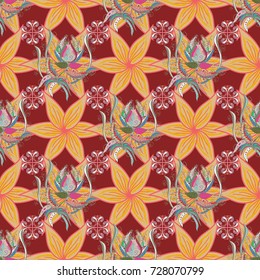 Cute floral elements. Seamless. Flowers on red, beige and pink colors. Vector illustration.