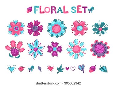 Cute floral elements set, textile decor design elements om white background