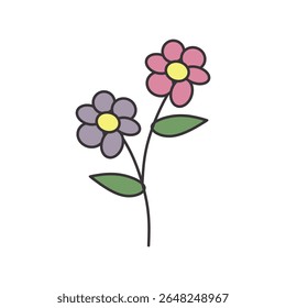 cute floral elements with soft colors and outlines. flowers, leaves, stems