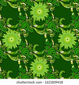 Cute floral elements. Vector illustration. Seamless. Flowers on green, yellow and black colors.