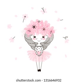 Cute floral fairy girl doodle drawing in pink ballerina skirt and flower wreath. Vector illustration for girlish designs like textile apparel print, wall art, poster, stickers, cards and more.