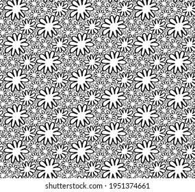 Cute floral flower doodle outline black and white monochrome seamless pattern. Simple hand drawn style vector illustration background with black ink flower on white