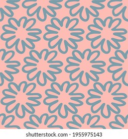 Cute floral flower doodle outline seamless pattern. Simple childish hand drawn style vector illustration background with blue flower on light pink pastel backdrop.