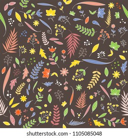 Cute floral flower nature pattern design seamless on dark brown background vector illustration