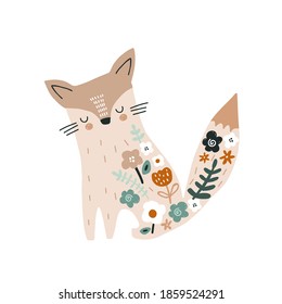 Cute floral fox print. Perfect for t-shirt, apparel, cards, poster, nursery decoration. Vector Illustration