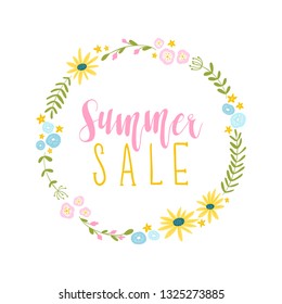 Cute Floral frame. Banner - Summer Sale. Circle of various flowers in pastel colors. Vector illustration in simple hand drawn style.