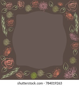 Cute floral frame border with pretty doodles of roses, flowers and leaves. Ideal for wedding card, invitation, poster, banner, cover, print. Vector illustration.