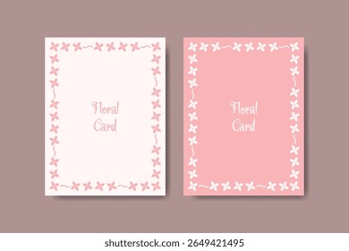 Cute Floral Frame Card Design in Pink and White. Minimalist Blossom Border Templates, Flat Style Vector Greeting Cards for Wedding, Invitation, Baby Shower, Love Notes, Stationery, or Thank You note.