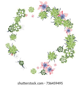 Cute Floral Frame. Colorful Border with Flowers in Retro Style. Background for Postcard, Banner, Wedding Invitation or Flyer. 