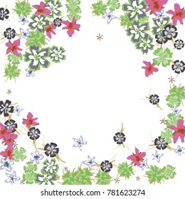 Cute Floral Frame. Colorful Border with Flowers in Retro Style. Background for Postcard, Banner, Wedding Invitation or Flyer. 