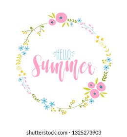 Cute Floral Frame. Hello summer. Circle of various  flowers in pastel colors. Vector illustration in simple hand-drawn style.