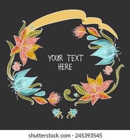 Cute floral frame on black background. Vector design