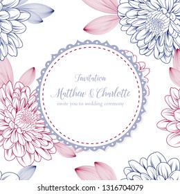 Cute floral frame on a seamless pattern with flowers of chrysanthemums. Vector element for design of congratulations, wedding ceremony, invitations to a celebration.