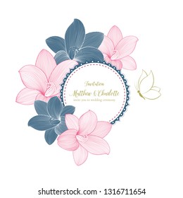 Cute floral frame on a seamless pattern with flowers of lily. Vector element for design of congratulations, wedding ceremony, invitations to a celebration.