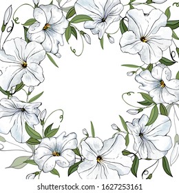 Cute floral frame with petunia. White  flowers and green leaves on white background. Hand drawn. For wedding invitations, greeting cards. Copy space. Vector stock illustration.