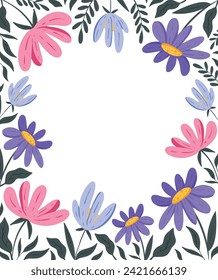 Geräumiger Blumenrahmen, Vektorgrenze mit Blumen und grünen Blättern auf weißem Hintergrund. Leerer Platz im Inneren für Grußtext