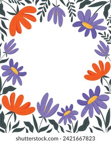 Cute floral frame, vector border with flowers and green leaves on white background. Empty space inside for greeting text