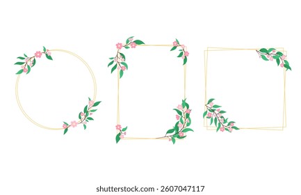 Cute floral frames vector set. Elegant golden lines and pink flowers isolated on white background. Decorative blossom design elements. Botanical frames round, square, rectangular.
