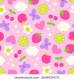 Floral bonito, fruta, borboleta, coração, estrela e nuvem design padrão sem emenda para o fundo da estação da primavera.