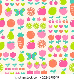 Cute floral and fruit grid styled pattern background.