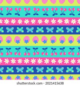 Cute floral and fruit seamless pattern with striped background.