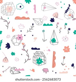Cute Floral Geometric Pattern with Terracotta Pots