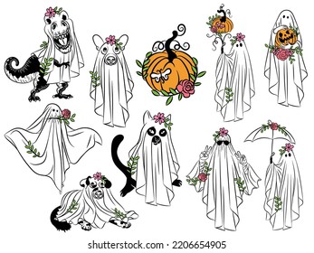 Cute floral ghost set vector illustration  Boo ghosts Halloween hand drawn designs for October autumn holidays 
Isolated designs funny spirits dogs  cat  people and pumpkin  romantic   peace 