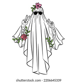 Ilustración portadora de fantasmas florales. Boo ghosts Halloween diseños hechos a mano para las vacaciones de otoño de octubre. Tranquilo espíritu de poder floral de paz con gafas de sol y hojas