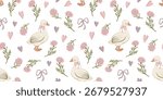 Cute floral goose seamless pattern with bow ribbon and heart. Coquette design with carnation flower. Pastel background for textile and wallpaper. Also good for baby fabric and wrapping paper.