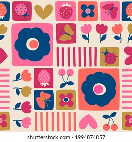 Cute Floral Grid Styled Pattern Background.