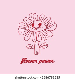 Cute floral groovy illustration. Smiling flower and "Flower Power" typography. Quirky linear flower outline character. Playful cheerful design. Cute hippie retro poster, print, card. Hand drawn vector