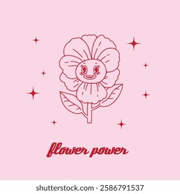 Cute floral groovy illustration. Smiling flower and "Flower Power" typography. Quirky linear flower outline character. Playful cheerful design. Cute hippie retro poster, print, card. Hand drawn vector