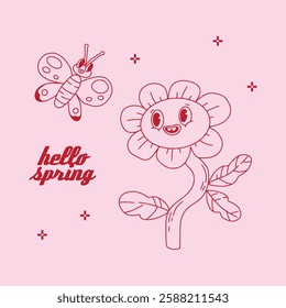 Cute floral groovy illustration. Smiling flower, butterfly "Spring is here" text. Quirky linear outline characters. Playful cheerful design. Cute hippie retro poster, print, card. Hand drawn vector