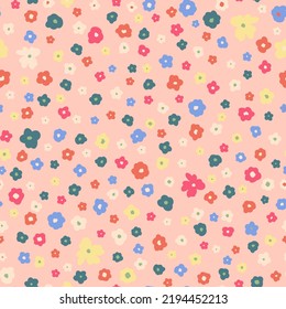 Cute floral heads seamless repeat pattern. Random placed, vector calico flowers all over surface print.