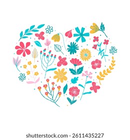 Cute floral heart Card. Fashionable banner, poster, flyer, label or cover with heart-shaped flowers. Vector illustration isolated on white background.