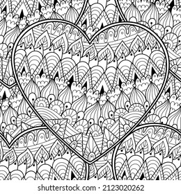 Cute floral heart mandala black and white seamless pattern for coloring book. Love doodle background. Creative coloring page for adults and kids. Vector illustration