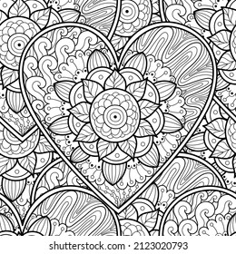 Cute floral heart mandala black and white seamless pattern for coloring book. Love doodle background. Creative coloring page for adults and kids. Vector illustration