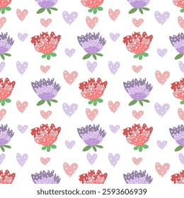 Cute Floral Heart Pattern Digital Paper, Seamless Flower and Heart Pattern for Scrapbooking Crafts, Purple and Red Floral Heart Repeat Pattern Design, Kawaii Flower Heart Pattern for Fabric Printing