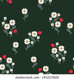 cute floral heart seamless pattern. scarlet hearts and groups of beige orange flowers with light green stems and leaves randomly arranged on dark azure background. vector
