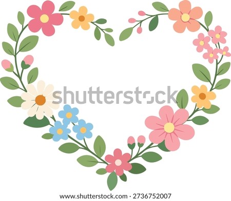 Cute floral heart wreath made with colorful flowers and green leaves. Romantic botanical illustration perfect for love themes, Valentine’s Day, wedding invitations, greeting cards and decorative design.