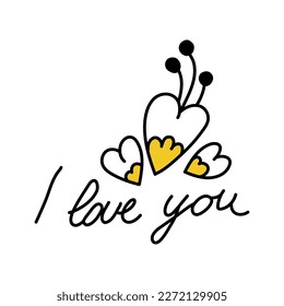 Cute floral hearts in doodle style. Simple inscription I love you. Spring lettering