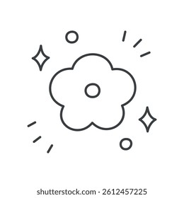 Cute floral illustration. Big flower surrounded by little stars and sparkles. Нand drawn monochrome illustration isolated on a white background. Kawaii sticker. Vector 10 EPS.