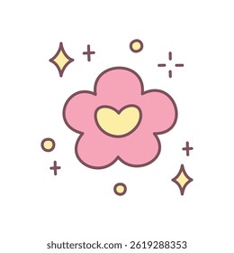 Cute floral illustration. Charming design featuring a pink flower with a heart-shaped center, stars and sparkles. Simple hand drawn illustration isolated on a white background. Kawaii spring sticker. 