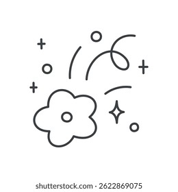 Cute floral illustration. Flower flying like a sparkling comet. Hand drawn monochrome illustration isolated on a white background. Kawaii sticker. Vector 10 EPS.