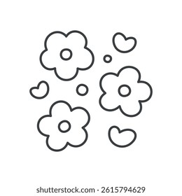 Cute floral illustration. Gentle design of little pink hearts and flowers. Hand drawn monochrome illustration isolated on a white background. Kawaii sticker. Vector 10 EPS.