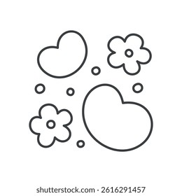 Cute floral illustration. Gentle design featuring hearts surrounded by flowers and sparkles. Hand drawn monochrome illustration isolated on a white background. Kawaii sticker. Vector 10 EPS.