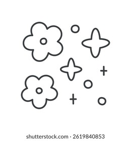 Cute floral illustration. Gentle design featuring flowers, stars and sparkles. Hand drawn monochrome illustration isolated on a white background. Kawaii spring sticker. Vector 10 EPS.