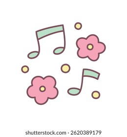 Cute floral illustration. Gentle design featuring pastel pink flowers and musical notes. Simple hand drawn illustration isolated on a white background. Kawaii sticker. Vector 10 EPS.